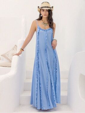 🩵 Hello Gorgeous! Frill Scoop Neck Maxi Cami Dress - Misty Blue
